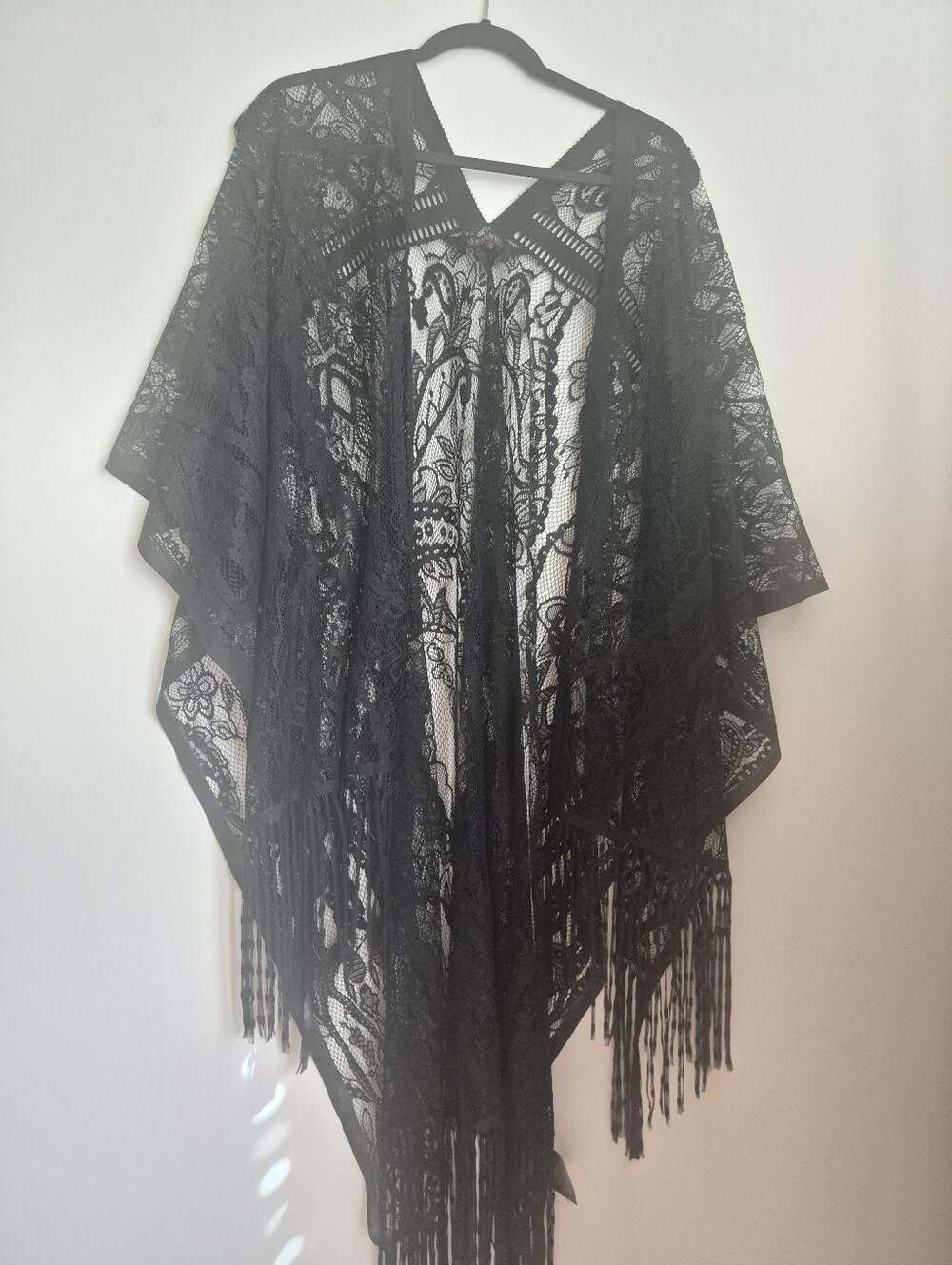 Shyanne Black Floral Lace Tassel Fringe Kimono Cardigan Scarf O/S